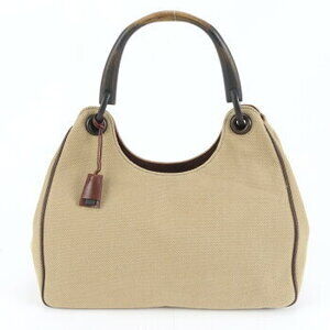 Gucci wooden handle leather canvas shoulder bag brown MEM